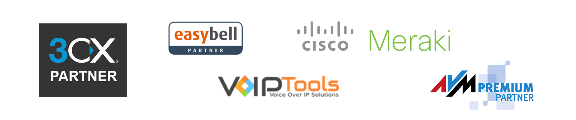 Junge Software Kaiserslautern Partnerlogos - 3CX, EasyBell, Cisco Meraki, VoIP Tools, AVM